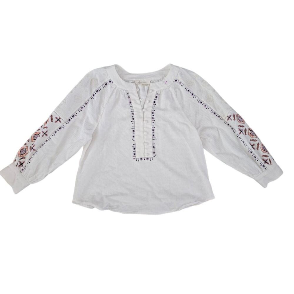 Anthropologie Embroidered Blouse Popover Peasant Top Size-M White